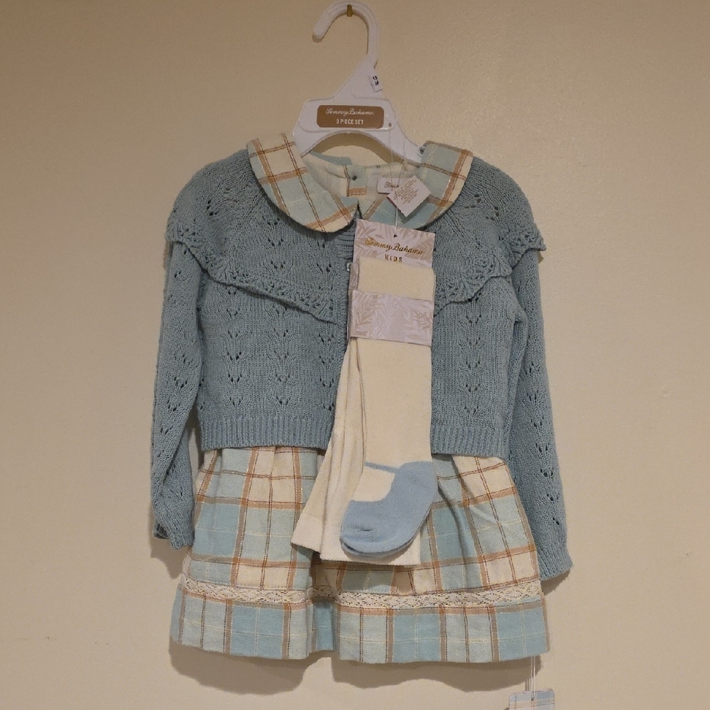 NWT Tommy Bahama Dress Cardigan Tights 3pc Set Blue Cream 18 Months